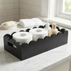 Toilet Paper Storage, Wooden Toilet Tank Paper Baske with Handles, Bathroom Storage and Organizer Napkin Tray, Scalloped Edge Black Decor Box for Vanity, Bedroom, Entryway, Living Room