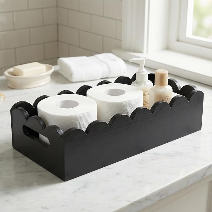 Toilet Paper Storage, Wooden Toilet Tank Paper Baske with Handles, Bathroom Storage and Organizer Napkin Tray, Scalloped Edge Black Decor Box for Vanity, Bedroom, Entryway, Living Room