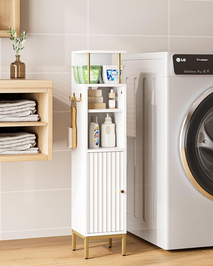 Bathroom Storage Cabinet,Small Corner Floor Cabinet with 2 Hook,Narrow Toilet Paper Cabinet with Adjustable Shelves,Bathroom Organizer for Living Room,Small Spaces (Wave, White-37''H)