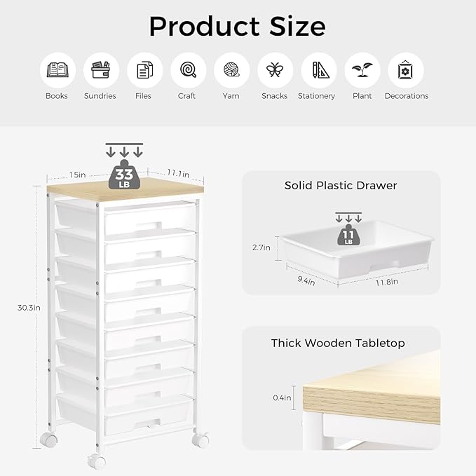 Rolling Cart with 8 Drawers, Plastic Drawer Storage Carts with Wheels & Wooden Tabletop, Metal Utility Cart Organizer for Bedroom Living Room Office Classroom Craft Organization and Storage, White