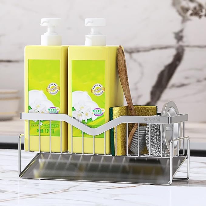 Sponge Holder for Kitchen Sink, Quick Draining, SUS 304 Stainless Steel Sponge Organizer, Basket for Cleaning and Scrub Tool, Kitchen Sink Brush Caddy Holder,Large Size and Capacity
