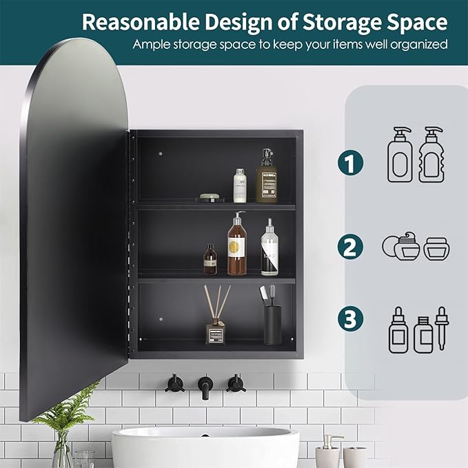 Movo Arched Black Medicine Cabinet with Mirror,16 x30 Inch Metal Framed Bathroom Mirror Medicine Cabinet Wall Mounted,Recessed Medicine Cabinets for Bathroom with 2 Removable Shelves