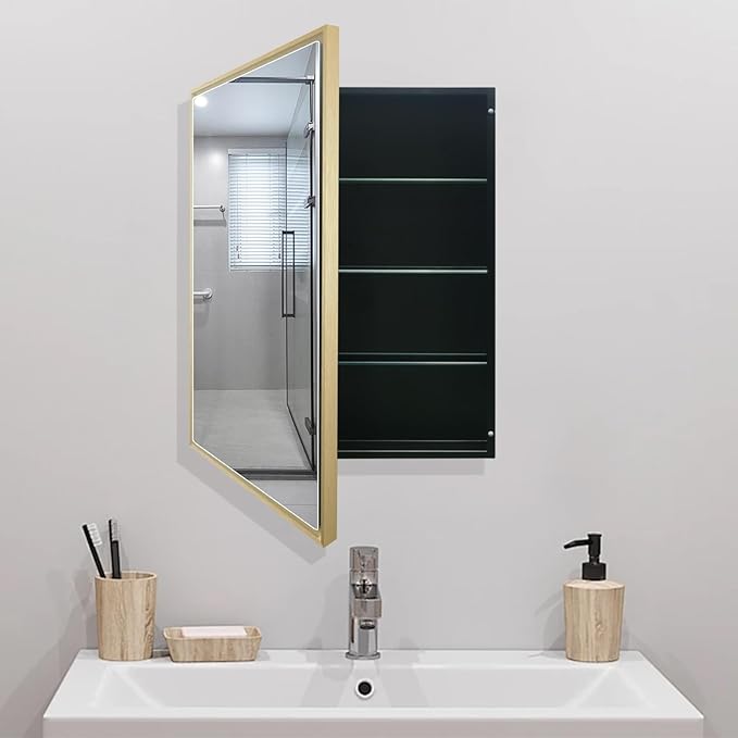 Bathroom Medicine Cabinet with 24x30 Inch Mirror - Recessed or Surface Mount Vanity Storage Cabinet｜ Antique Brush Gold Finish ｜ Rustic Farmhouse Bathroom Mirror Cabinet