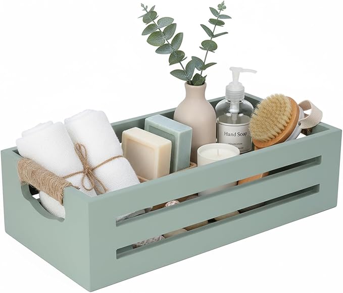 Toilet Paper Storage Box with Handles, Wooden Wicker Toilet Tank Basket, Bathroom Basket Organizer for Countertop, Decorative Wicker Bins for Bathroom or Guest Room-Green