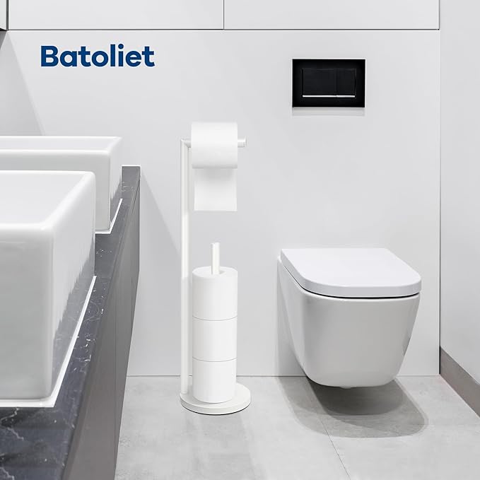 Toilet Paper Holder Stand, Bathroom Toilet Paper Roll Holder Stand with Reserve, Standing Toilet Paper Holder with Storage,Toilet Paper Roll Holder for 4 Rolls, White