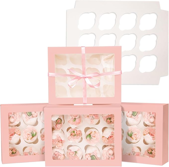 Bakepacker 12 Cupcake Containers 20-Packs Pink Cupcake Box Cupcakes Carrier, 12 Cupcake Boxes with Window 13"x10"x3.5"（Auto-pop up）