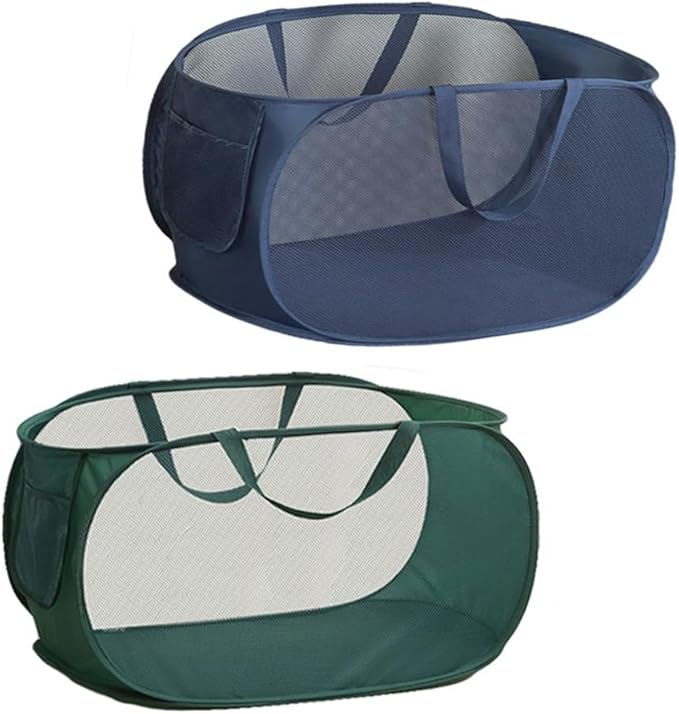 2 Piece Popup Mesh Laundry Basket Durable Handles Collapsible Laundry Baskets Folding Clothes Pastic Hamper for Laundry Room College Dorm (Navy Blue/Green)