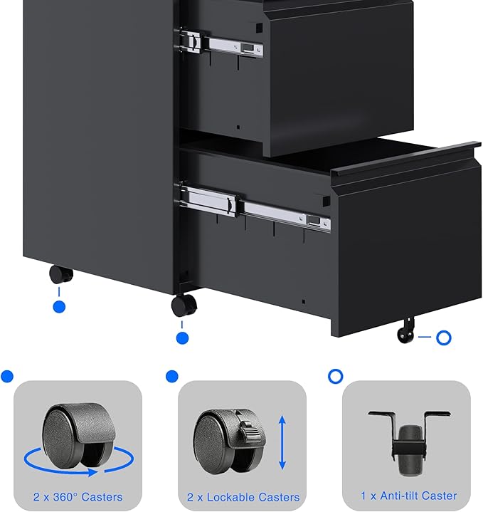METAN Fully Assembled 2 Drawer File Cabinet with Lock, Mobile Under Desk Filing Cabinet for Office Legal/Letter Size, Pre Assembled Except Wheels,Black