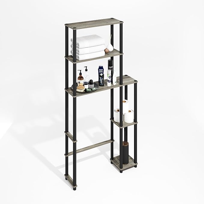 Furinno Turn-N-Tube Over The Toilet Storage, 5-Shelf Over The Toilet Organizer, Freestanding Space Saver Bathroom Shelf, for Bathroom Organizers and Storage, Grey Oak