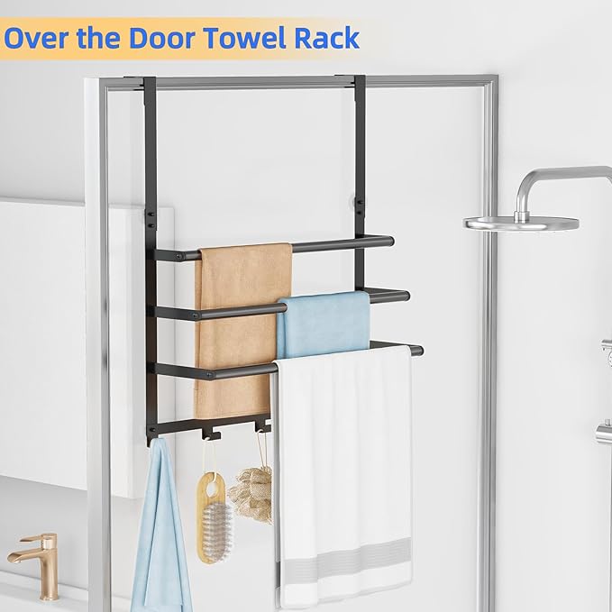 Over The Door Towel Rack, Over Door Towel Racks for Bathroom Door with 5 Hooks, 3 Tier Towel Storage Hanger Holder for Bathroom Accessories, 16 Inch Towel Bar for Hanging Towels, Matte Black