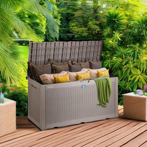 VEVOR Deck Box, 100 Gallon Outdoor Storage Box, 48.0" x 21.5" x 24.5", Waterproof PP Deckbox with Aluminum Alloy Padlock, for Patio Furniture, Garden Tools, Outdoor Cushions, Gray