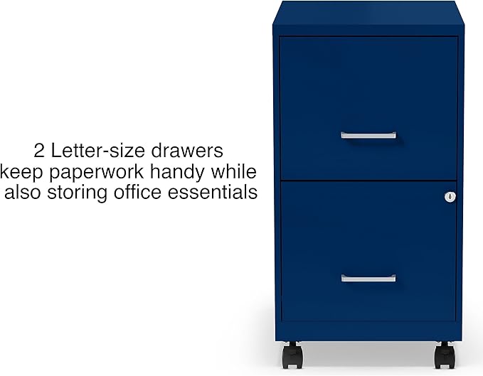 STAPLES 2-Drawer Vertical File Cabinet, Letter Size Documents, Lockable & Mobile, 18" D x 14" W x 26.3" H, Blue