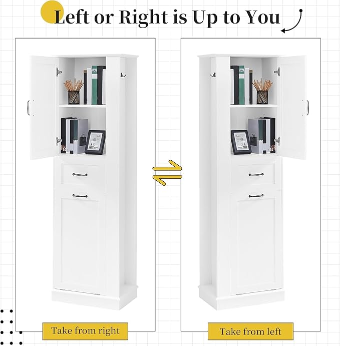 Tall Laundry Cabinet with Tilt Out Hamper, Wood Bathroom Storage Cabinet with Door,Drawer and Adjustable Shelves Freestanding (White)