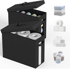 Bathroom Toilet Paper Storage with Lid - for Up to 12 Rolls | Storage Bins with Lids for Towel or Yarn | Free Standing | Foldable | Moisture Resistant | Clear Plastic Window | Black | 2 Pack