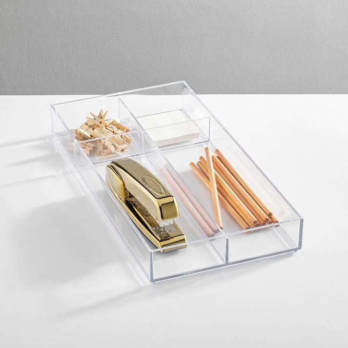mDesign Plastic Stackable Office Divided Storage Drawer Organizer Tray for Cabinet, Desk, Shelf, or Closet Organization - Holds Note Pads, Pens, Tape, Staples, Scissors, Lumiere Collection - Clear