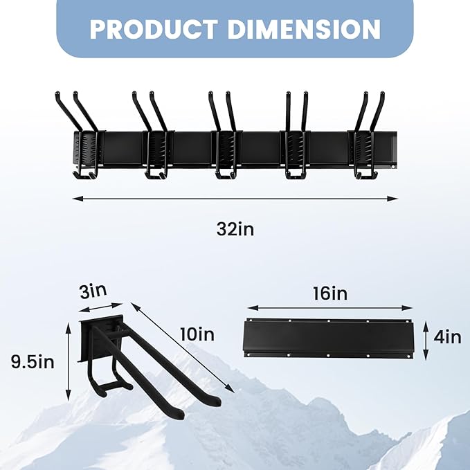 Ski Rack Wall Mount - Ski Holders for Wall Heavy Duty 10 Pairs of Snowboard Storage Indoor Holds Up to 300lbs for Garage Organization Home Shed