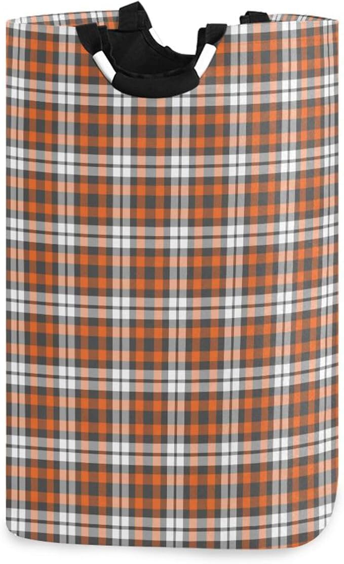 Orange Plaid Laundry Basket for College Dorm,50L Collapsible Portable Laundry Hamper Storage Basket for Toys Clothes Organizer