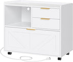 HOOBRO Lateral File Cabinet, Wooden Office Storage Drawers with Charging Station, Filing Cabinet for Home Office, A4/Letter/Legal-Sized Files, Printer Stand with Open Storage Spaces, White WT37UWJ01