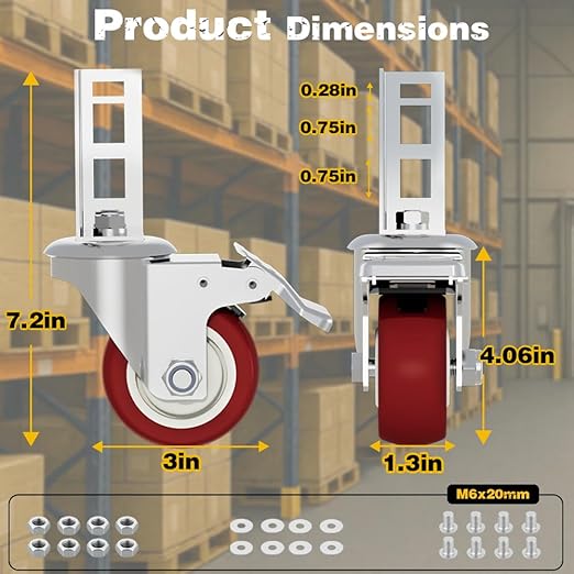 Storage Rack Caster Wheels 3" Heavy Duty Locking Caster Wheels Fit for Boltless Self Locking Shelving Racks 500LBS High Load Capacity (4 Pack)