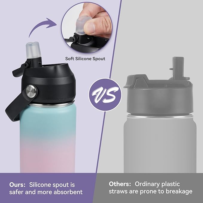 24oz Insulated Stainless Steel Water Bottle, Wide Mouth Double Wall Vacuum, Silicone Straw, Sweat & Leak Proof, BPA Free Insulated Water Flask for Travel, Keep Cold 24h Hot 12h, Pink