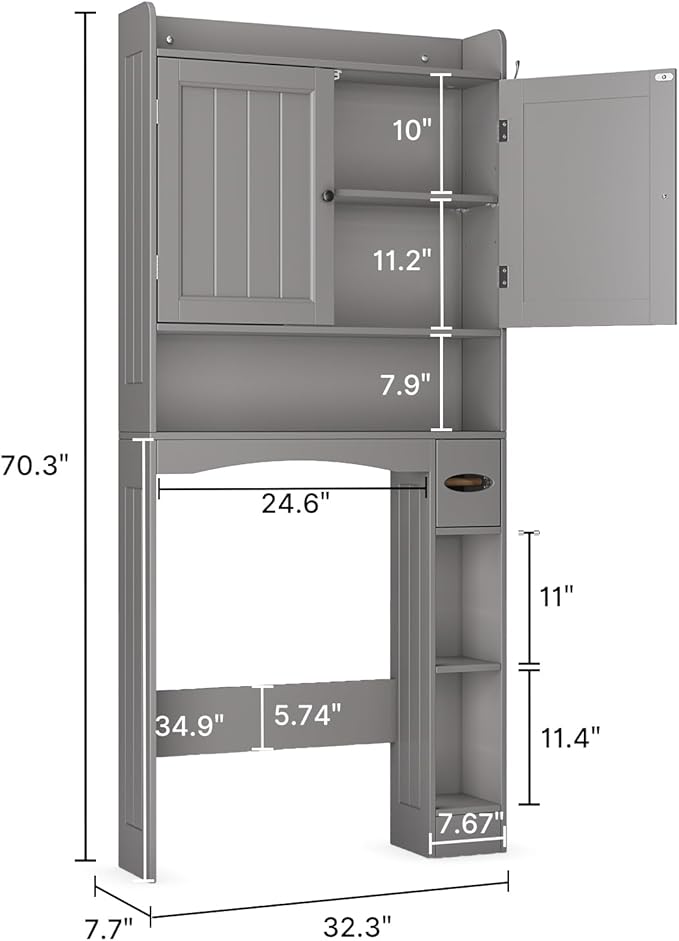 Ahomly Over The Toilet Storage Cabinet, 32.3" W Over Toilet Bathroom Organizer with Doors, Adjustable Shelves, Toilet Paper Holder, 2 Side Hooks, Space-Saver for Bathroom, Laundry, Grey