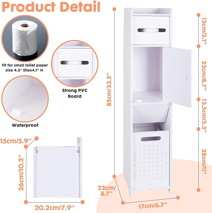 ShellKingdom Toilet Paper Holder Stand with Trash Can, Slim Bathroom Storage Cabinet Shelves, Storage Cabinet for Bathroom Small Spaces, 33.5 x 8.7 x 6.7 inch