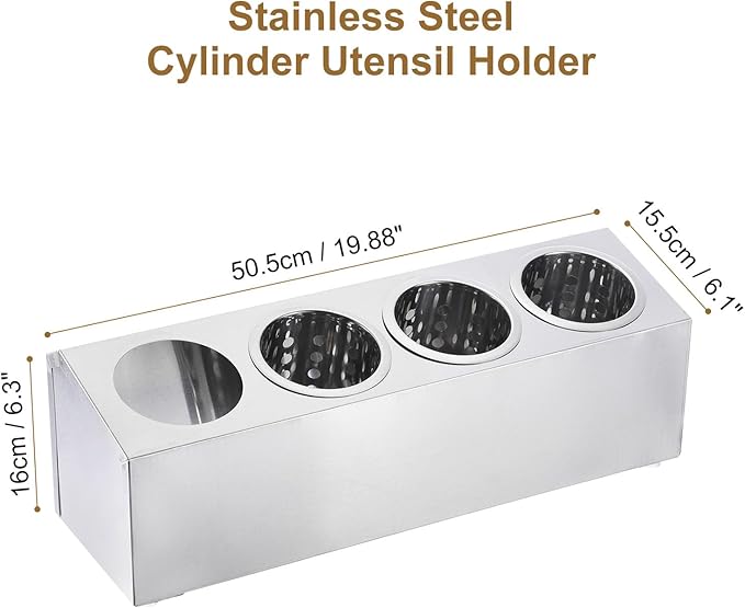 uxcell Commercial Utensil Holder, Stainless Steel Cylinder Flatware Silverware Utensil Holder Caddy Drying Rack Countertop Silverware Organizer (4 Holes)