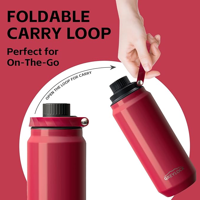 Greylock 20 oz Insulated Water Bottle with Straw Lid, Reusable Stainless Steel Sports Water Bottles with Foldable Handle, Leak Proof, Double-Wall Vacuum Insulation, 24 Hours Cold(Raspberry Ridge)