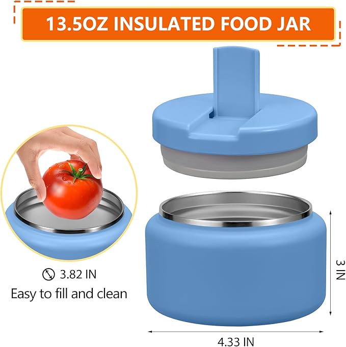13.5oz Kids Jar for Hot Food, Insulated Vacuum Food Jar with Buckle Lid, Stainless Steel Wide Mouth Leak Proof Insulated Lunch Container for School Picnic Travel, Sky Blue