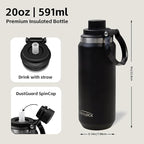Greylock 20 oz Insulated Water Bottle with Straw Lid, Reusable Stainless Steel Sports Water Bottles with Foldable Handle, Leak Proof, Double-Wall Vacuum Insulation, 24 Hours Cold (Black)