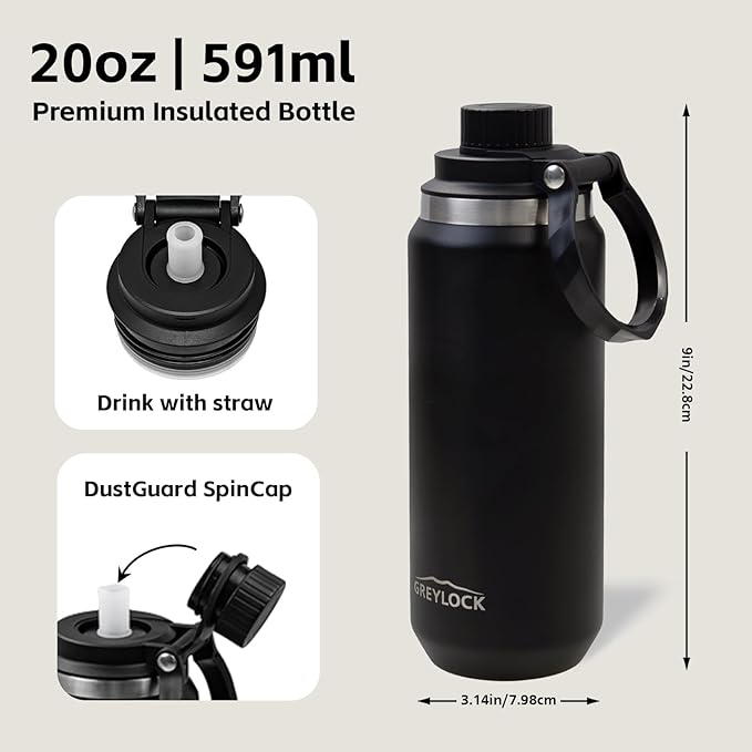 Greylock 20 oz Insulated Water Bottle with Straw Lid, Reusable Stainless Steel Sports Water Bottles with Foldable Handle, Leak Proof, Double-Wall Vacuum Insulation, 24 Hours Cold (Black)