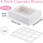 Cupcake Boxes, 4 Pack Disposable Cupcake Containers, Food Grade Cupcake Carrier 12 Count with Window and Inserts, Cupcake Transport Holders Bulk for Muffins Cookies Treats Dessert（White）