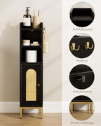 Bathroom Storage Cabinet, Small Corner Floor Hutch with 2Hooks,Narrow Toilet Paper Cabinet with Rattan Door,Bathroom Organizer with Adjustable Shelf, for Small Spaces(Classic-Rattan, Black)