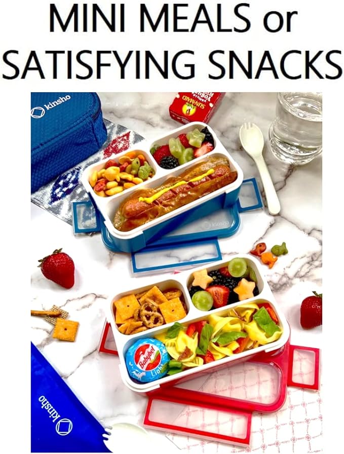 Small Snack Containers for Kids Toddlers - 3 Compartments (Set of 2) - Leak-proof Snack Boxes with Lids - BPA-Free Mini Bento Lunch Box - Ideal for School, Daycare, Holds 2 Cups (Red + Navy Blue)