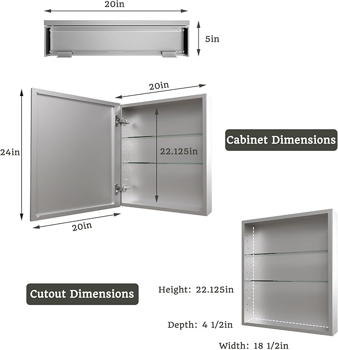 20x24 Bathroom Medicine Cabinet with Mirror,Aluminum Alloy Frame with Mirror Side Panels,Surface or Recessed Medicine Cabinet with Adjustable Shelves,Assembly Required