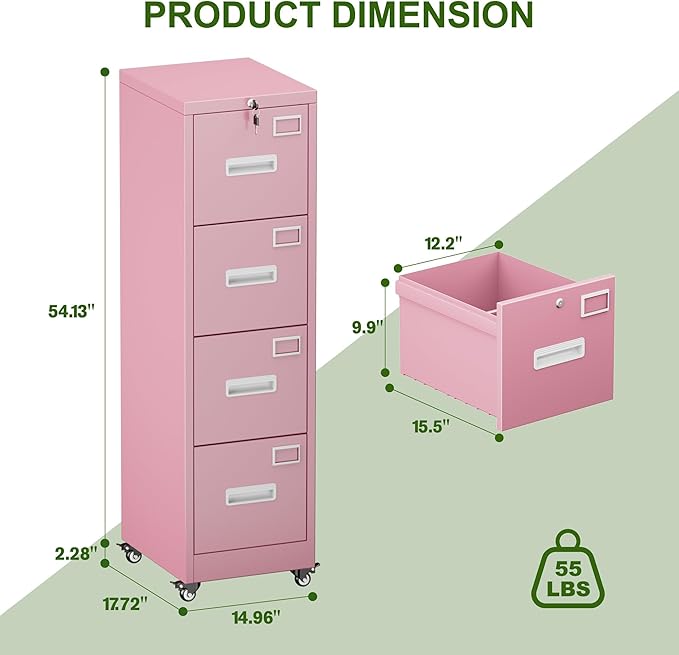 Aobabo 4 Drawer File Cabinet with Wheels, Lockable Office Metal Filing Cabinet with Name Card for Office and Home,Assembly Required,Pink