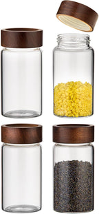 Small Glass Jars with Airtight Lid Clear Coffee Ground Storage Canister Wooden Lid Round Glass Spice Jar for Pantry Sugar Tea Bean Nuts Cookies Bath Salts (4×250ml(8.4oz))