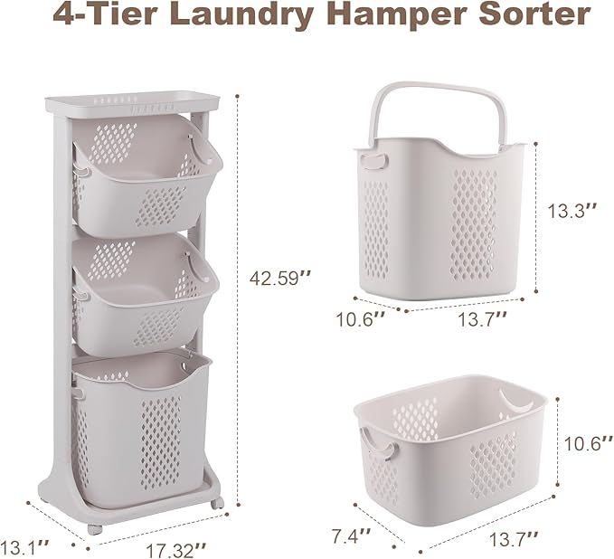 3-Tier Laundry Sorter Cart with Wheels, Large 75L Capacity Hamper Organizer, Rolling Storage with Removable Mesh Bins for Heavy Duty Use in Home, Dorm, Apartment (17.32"x13.1"x42.59")