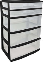 HOMZ Drawer Tower, 5-Tier Extra-Wide Clear Plastic Storage Organizer Cart, Black Frame - Stackable Container Boxes for Bedroom, Bathroom, Garage, and Office Organization