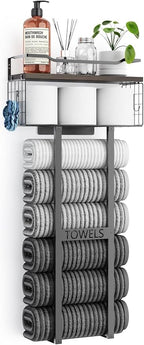 Large Towel Rack & Bathroom Towel Holder - Wall Mounted Metal Rack with Wooden Floating Shelf, Small Bathroom Towel Storage, Easy Holds 6 Large Rolled Towels, Black with Brown Plank
