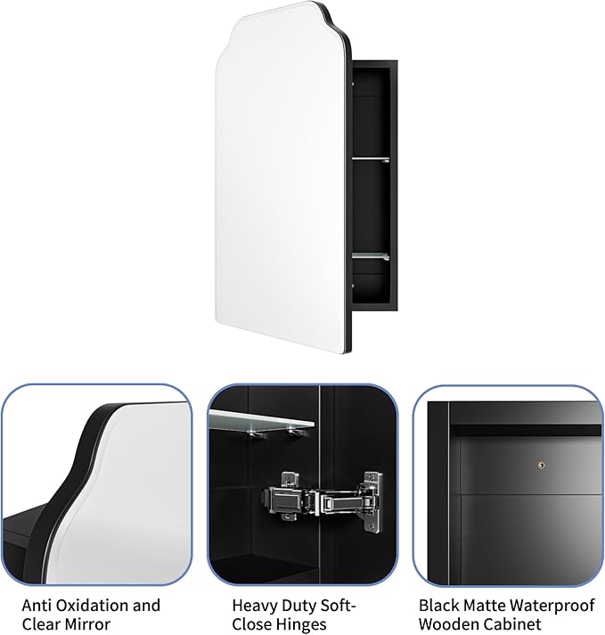 Victorian-Style Recessed Bathroom Medicine Cabinet, Wood Wall Cabinet with 16.5"x24" Curved Mirror, Bathroom Storage Cabinet, Black, Left-Swing Door