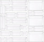 Clear Acrylic Drawer Organizers Set Storage for Makeup, Office Desk Small Vanity Trays for Drawer Bathroom Plastic Make up Organizers 25 Pcs