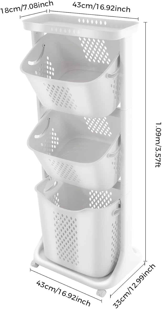 Laundry Basket Holder, 3-Tier Laundry Hamper Sorter with Wheels, Rolling Laundry Hamper Cart for Kitchens, Bathrooms, Bedrooms