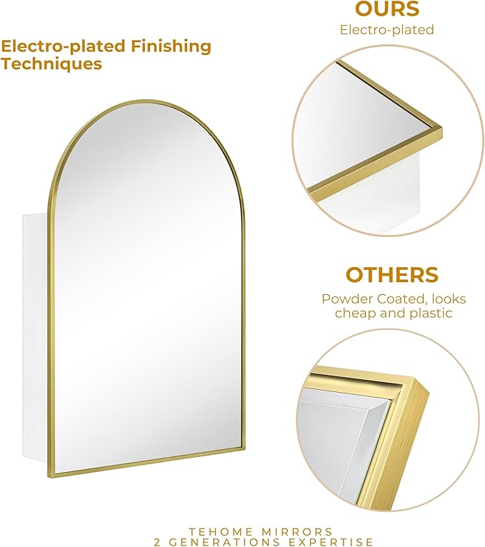 TEHOME 24 x 36'' Brushed Gold Arch Bathroom Medicine Cabinet with Mirror Recessed and Surface Mounted Medicine Cabinet Mirror
