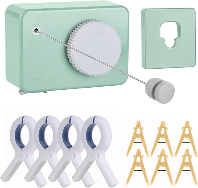 Retractable Clothesline Indoor/Outdoor, Anti-Sag for Drying Clothes Line Retracting Indoor/Outdoor, We Equipped This 13.8 Fts Laundry line Retractable with 4 Large Clips (Green)