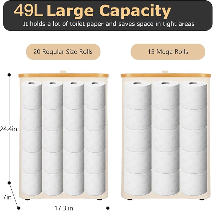 Extra Large Toilet Paper Storage Basket with Lid 49L Slim Toilet Paper Basket Holder Bin Container Organizer for Bathroom Hold up to 20 Regular Rolls or 15 Mega Rolls