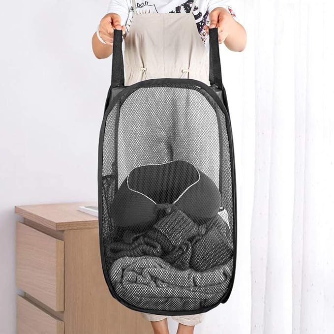 Mesh Pop up Laundry Hamper with Portable Durable Handles, Black Laundry Basket for Storage, Folding Collapsible Pop-Up Clothes Hampers for Home, College Dorm or Travel, Cruise, Black