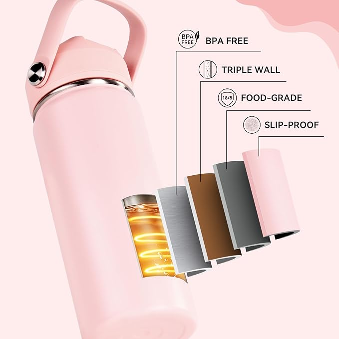 24oz Insulated Stainless Steel Water Bottle, Wide Mouth Double Wall Vacuum, Silicone Straw, Sweat & Leak Proof, BPA Free Insulated Water Flask for Travel, Keep Cold 24h Hot 12h, Coral Pink