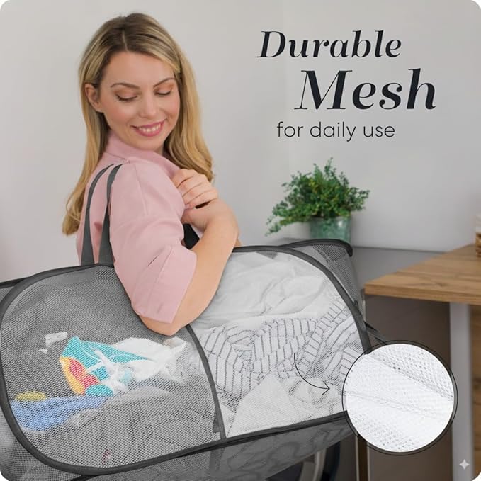 Handy Laundry Collapsible Laundry Basket, 2-Compartment Mesh Pop Up Hamper with Handles – Foldable, Space-Saving Dirty Clothes Organizer for Dorm, Travel, Laundry Room, Grey
