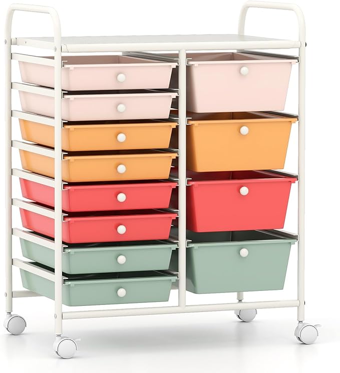 RELAX4LIFE 12-Drawer Rolling Storage Cart - Mobile Utility Drawer Carts with Wheels, Craft Organizers Cart for Classroom Organization and Storage, Home, School, Office